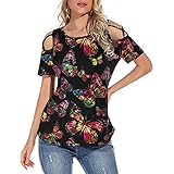 Damen-T-Shirt, Blumenmuster, kurze Ärmel, Schulterriemen, schulterfrei, V-Ausschnitt, Damen-T-Shirt, Übergröße, Schwarz , S