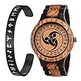 JYNQR Wikinger-Uhr - Einzigartige Gravierte Nordische Rune Valhalla Vegvisir, Premium-Quarz-Naturholzuhr Mit Holzkiste - Gratis-Edelstahlarmband,O