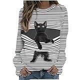 MOMBIY Damen süße Katze gestreift Rundhals Pullover Pullover Top Sweatshirt Schwarz-weiß gestreiftes H