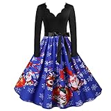 Weihnachtskleid Damen, Kleid Weihnachten Damen, Weihnachtsmann Drucken Langarm V-Ausschnitt Kleider Cocktaikleider Vintage Christmas Retro Abendkleid Cocktailkleid Festival A-Linie Party