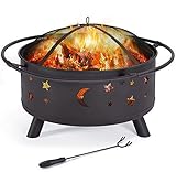 FDSAD 30 cm Outdoor-Feuerstelle, Metall-Quadratfeuerfeuer-Patio-Herd Holzbrenner BBQ Grillfeuergrube für draußen mit Funkenbildschirm und Kamin Poker, Sterne und Monde Design M