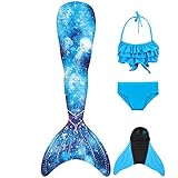 FOLOEO Mädchen Meerjungfrauenschwanz Zum Schwimmen mit Meerjungfrau Flosse- Prinzessin Cosplay Bademode für das Schwimmen mit Bikini Set und Monoflosse, 4 Stück Set, Mehrfarbig (GN01), 140