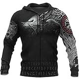 Nordische Mythologie Kostüm, Wikinger 3D-Druck Wolf Fenrir Totem Tattoo Hoodie T-Shirt Reißverschluss Unisex Amulett Rune Streetwear,Zippers,XL
