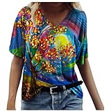 Kurzärmeliges Sommeroberteil für Damen, modische Tiere, Blumendruck, T-Shirt, Bluse, leger, V-Ausschnitt, lose Tunika, Tops, Übergröße für Damen Gr. Large, weiß