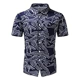 LRWEY Herren Sommer Hawaiihemden Loses Hemd Männer Mode Freizeit Hemden für Männer Revers Strand Hemd Männer Kurzarm Tops, dunkelblau, M