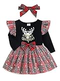 BKPAPTXY Baby Mädchen Weihnachtskleid Rentier Druck Fliegen Ärmel Kleid Bowknot Tutu Tüll Prinzessin Kleid Weihnachtskleid Outfit (Schwarz, 6-12 Monate)