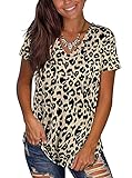 Damen V-Ausschnitte Animal Print Lose Kurzarmshirt T-Shirt Tops Bluse（Brauner Leopardendruck,S