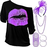Blulu Damen 80 Jahre Kostüm Zubehör Set, Lippen Drucken T-Shirt Spitze Stirnband Ohrring Halsketten Armband für 80 Jahre Thema Party (Purple, XXXL)