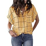 QWERD Bluse Damen Kurzarm Kariert Bluse V Ausschnitt Shirts Oversized Lose Freizeithemd Tunika Sommer Oberteil Frauen Plaid Shirt Casual V-Ausschnitt Kariertes Kurzarmshirts Oberteile Elegant Top