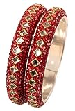 Touchstone Armreif Kollektion quadratische Form facettiert Kundan Look Lippenstift rote Perlen Designer Schmuck Metall Armreif Armbänder für Damen 2.5 Set 2