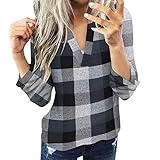 Oberteile Damen Elegant Langarm Plaid Bluse Atmungsaktiv Casual Sweatshirt Leichter Stehkragen V-Ausschnitt Langarmshirt Classic Pullover Hemden T-Shirts für Frühling und Herbst(Grau,XXXL)