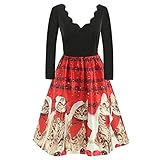 Weihnachten Damen Kleider Minikleid Langarm Rockabilly Cocktailkleid V-Ausschnitt Midikleid Vintage Gedruckt Partykleid A-Linie Swing Kleid Festlich Christmas Dress Festival Geschenk(13-Rot,M)