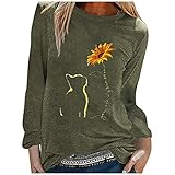 Lazzboy Store T-Shirt Katze Sonnenblume Damen Frauen Herbst Tops Lose Weiche Langarm Bluse Sweatshirt Langarmshirt Pulli Basic Rundhals-Ausschnitt Sport Pullover (Armeegrün,L)