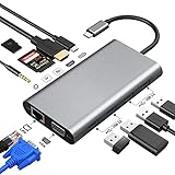 Docking Station, USB C Adapter, 12 Port Aluminium USB C Hub,mit 4K-HDMI,VGA,USB 3.0 Ports,Type C PD,Gigablit Ethernet RJ45,SD/TF-Kartenles,kompatibel für MacBook Pro/Air, More Type C G