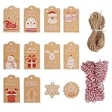 DERAYEE Weihnacht 102 stück Kraftpapier Geschenkanhänger Anhänger Etiketten 5x7.5cm mit Jute-Schnur 31m und rot/weiß Baumwollgarn 31m,12 Designs für W