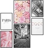 Mood-Poster Set Coco Paris | Bilder als Wanddeko | Wohnzimmer & Schlafzimmer | 2x DIN A3 und 4x DIN A4 | Blüten Pfingstrosen rosa lila schwarz weiß - ohne R