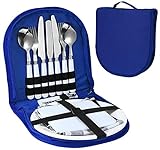 LHY Camping-Besteck Set für 2, Edelstahl-Camping-Nahrungsmittelbesteck mit Löffel-Gabel-Messer-Platte, leichte Reisebesteck für den Außenwanderungspicknick (Color : Blue)