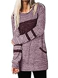Voopptaw Langes Sweatshirt für Frauen, gestreift, langärmelig, Rundhalsausschnitt, Colorblock-Baumwolle, Baggy-Oberteil mit Taschen, violett, M