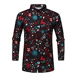 COOFANIN Weihnachtshemd, Elch, bedruckt, schwarz, langärmelig, Umlegekragen, Button-Down-T-Shirt, weich, bequem, schmale Passform, leicht, modisch, Schwarz , S