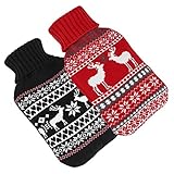Bambelaa! 2er Set Große Wärmflaschen Bettflaschen Flauschbezug zwei Designs Rot & Schwarz Wärmekissen Strickmuster Winterdesign (2 x 2 Liter)