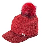 KeepSa Damen Warme Gefütterte Wintermützegestrickte Schirmmütze Baseballmütze mit Kunstpelz pom Winter Skimütze,Rot,55-60CM