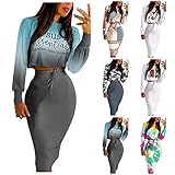 TUDUZ Rock Top Set Damen Mode Langarm Crop Tops + Enger Rock mit Kordel Club Business Freizeitanzug Sportswear Streetwear(Q,XXL)