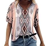 BIBOKAOKE Vintage Druck Tshirt Damen Sommer Kurzarm Oberteile T-Shirt V-Neck Loose Tunika Bluse Bunte Motiv Tops Oversize Shirt Top Casual Sweatshirt T-Shirt Basic Kurzarmshirt Tee Top