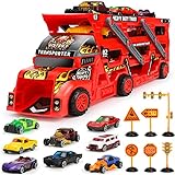 Kinder LKW Spielzeug Transporter mit Mini Autos, Straßenschilder, Auto Spielzeug Geschenke ab 3 Jahr Jungen Kinder (Rot)