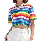 TWIFER Sommer T Shirt Frauen Drehen-Unten Kragen Kurzarm Regenbogen Gestreiften Druck Kurze Crop Top