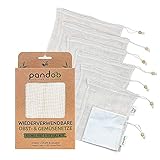 pandoo 7er Set Obst- und Gemüsenetze aus Bio-Baumwolle | 6 Einkaufs-Netze inkl. Kostenlosem Brotbeutel | Plastikfrei und Unverpackt Einkaufen | Wiederverwendbare Eink