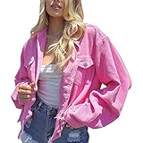 ZhaZhaMeng Jacken für Frauen Button Down Cord Jacke Oversized Herbst Jacke Langarm Outwear mit ausgefranstem Rand, rose, 42