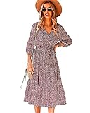 FEICHANG Damen Langarm Krawatte Hals Rüschen Blumendruck Boho Kleider Casual Lose Plissee Swing Minikleid, violett, L