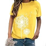 Lulupi Damen Baumwolle T-Shirt Blumen Rundhals Kurzarm Tops Sommer Bluse Lässiges Bedrucktes Tshirt Lose Longshirt Locker Lang Shirt (Gelb,L)