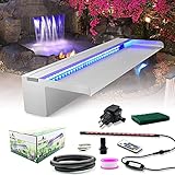 LONGRUN Pool Wasserfall Edelstahl mit breiterer Wasserfluss-Plattform und mehrfarbigem LED-Licht wasserfall teich für Außengarten und Garten -23.6' x 8' x 3.94'(B x T x H)