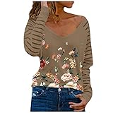Masrin Mask Damen Tops Spring V-Ausschnitt Streifen Blumen Bedruckt Pullover Langarm Patchwork Shirts Bluse(XL,#A Braun)