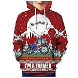 Hoody Herren Rot 3D Christmas Jumper Weihnachtsmann I'm A Farmer Druck Kapuzenpullover Lustig Weihnachtssweatshirt Winter Strickpullover Weihnachtspulli mit Mützen Festlich Party