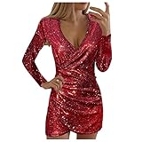 BOTCAM Partykleid Damen Sexy Glitzer Abendkleider: Für Hochzeit Frauen Einfarbig V-Ausschnitt Langarm Slim Fit Minikleid Sexy Kurz Eng Cocktailkleid Mädchen Prinzessin Damen Glitzer Tunik