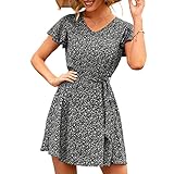 Kleid Damen Kurzarm V-Ausschnitt/Rundhals Blumen Drucken A-Linie Kleid Damen Spielerisch Frisch Sommer Beach Dress Damen Bohémien Style Freizeitkleid Damen E-Black3 S