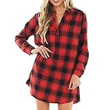 Alwayswin Hemdkleid Kariert Rot Damen Langarm Blusenkleid V-Ausschnitt Locker Shirt Hemd Elegant Longbluse Gestreift Kleid Lässige Hemdbluse Oberteile Tunika Kleid Freizeitk