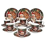 Van Well Santa Kaffee-Service 18-TLG für 6 Personen I Tasse mit Untertasse 14,7cm & Dessert-Teller 20,5cm I weihnachtliches Porzellan-Set mit Weihnachts-Dekor I Kaffee-Set mikrowellengeeig