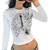 Damen Halloween Skelett Crop Top 90er Vintage Grafik Langarm E-Girl Harajuku T-Shirts Y2k Aesthetic Oberteil Streetwear (G-Weiß, S)