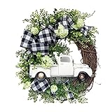 MagiDeal Türkränze Haustür Wanddeko, Wandkranz Künstliche Blumenkranz aus Rattan, Plastikgrünpflanzen, Papierwagen, Landhausstil Ganzjährig Hängedekoration Innen und Außen Pflanzen Kranz - Weiß