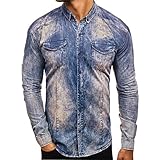 PANBOB Denim Hemd Herren Lässig Kent-Kragen Modisch Vintage-Brusttaschen Herren Hemd Mit Knöpfen Schmale Passform Leicht Bequem Langarm Herren Freizeithemden AE-01 XL