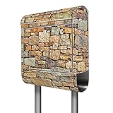 banjado® Briefkasten mit Standfuß Motiv Bruchsteinmauer - Stand Briefkasten Edelstahl mit Zeitungsfach - Postbox/Postkasten A4 Einwurf inkl. Montagematerial & 2 Schlü
