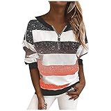 Tops für Frauen Viertelreißverschluss Mädchen Sweatshirt Langarm T-Shirt Rundhals Streifen Pullover Damen Pullover Gr. XXXXL, orange-21