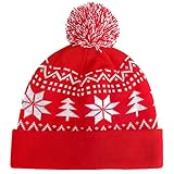 YFZN Herren Und Damen Strickmütze, Weihnachts Wintermütze, Jacquard Plüsch Ball Beanie Mütze, Klassische Mütze, 100% Acrylfaser Material, Rot, 56-58