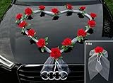 Organza Herz Auto Schmuck Braut Paar Rose Deko Dekoration Autoschmuck Hochzeit Car Auto Wedding Deko Girlande PKW (Rot/Weiß)