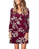 AUSELILY Damen Kleid Langarm Tunika V-Ausschnitt Mini T-Shirt Rüsche Kurze Freizeitkleider Weinrot Blumen L