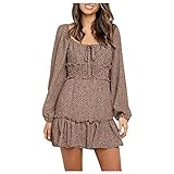 Damen Rüschen Kleid,Langarm Blumen Kleider Elegant Tunikakleid Mini Schnürung Partykleid Freizeit Strandkleider Abendkleider Mode Blusenkleider Loose Casual Cocktailk