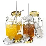 YHANEC Trinkgläser mit Deckel und Strohhalm, 4er Set Mason Jar Trinkglas, Trinkglas mit Deckel, Einmachgläser mit Henkel Wiederverwendbar, Glas, in Küchen, Partys, 450